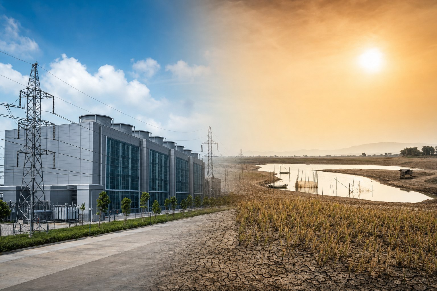 เปรียบเทียบอาคาร Data Center กับระบบหล่อเย็นและสายไฟ กับแหล่งน้ำและพื้นที่เกษตรที่แห้งแล้ง — สื่อผลกระทบทรัพยากร