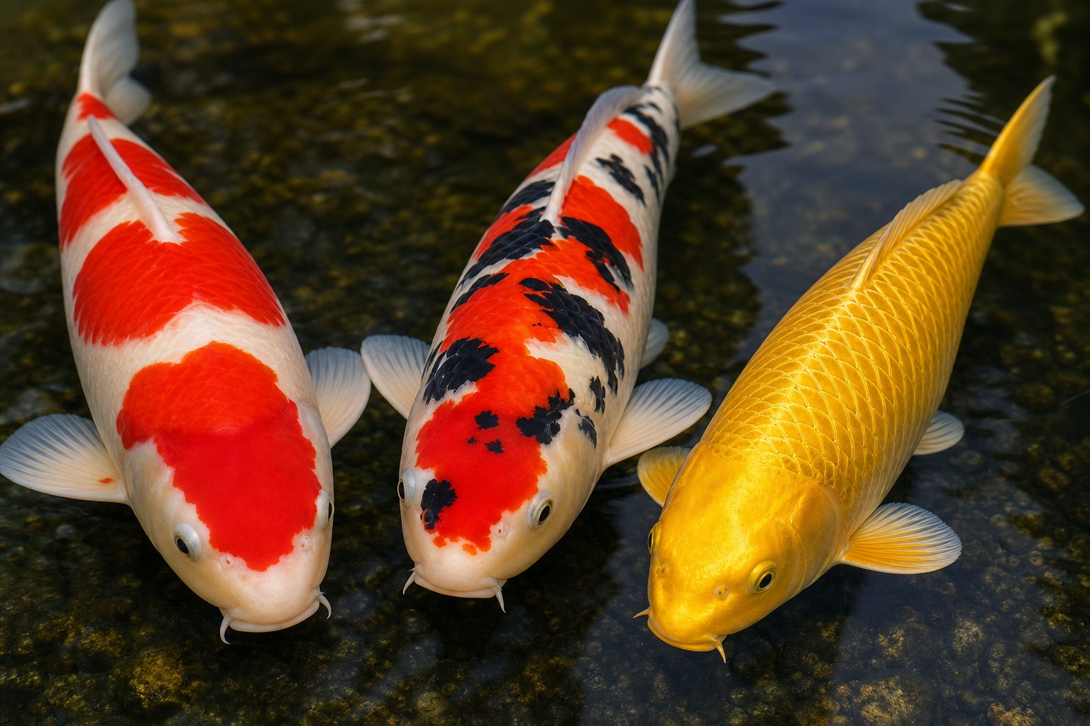 ปลาคาร์ฟหลายสีลาย Kohaku ขาวแดง Sanke ขาวแดงดำ และ Ogon สีทอง ในน้ำใส — ตัวอย่างความหมายสีที่คนถามบ่อย
