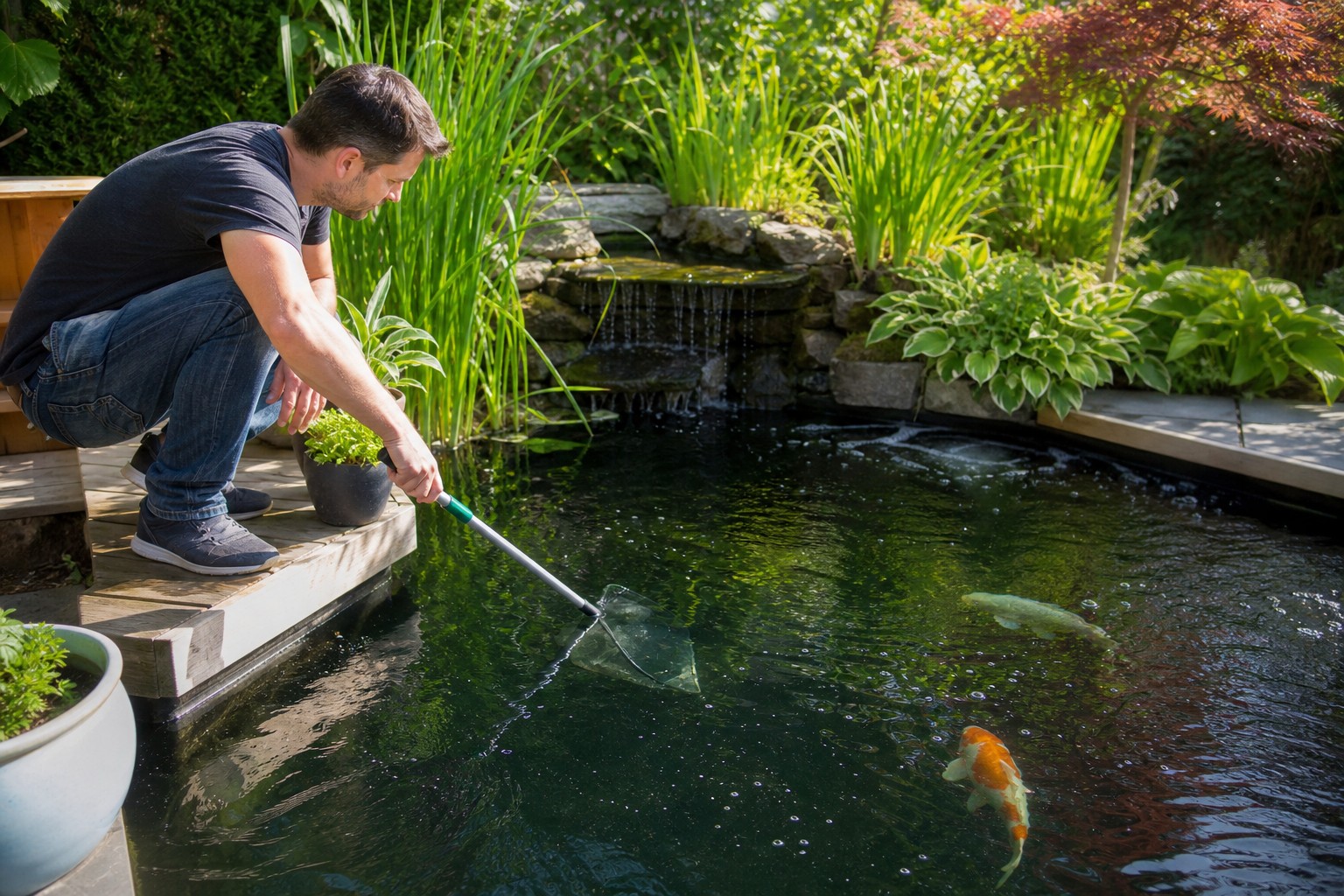 บ่อเลี้ยงปลาคาร์ฟพร้อมน้ำตกกรองและพืชน้ำรอบขอบบ่อ — ตัวอย่างระบบน้ำที่มือใหม่ควรให้ความสำคัญ