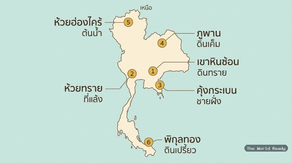 แผนที่ประเทศไทย แสดงศูนย์ศึกษา 6 แห่งโดยประมาณ