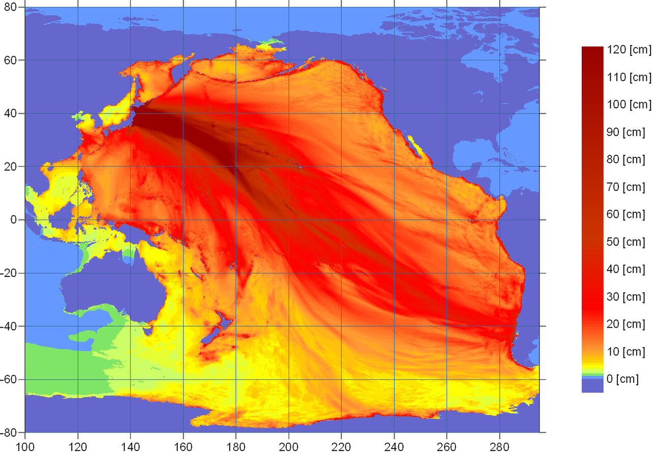 แผนที่ NOAA แสดงการกระจายพลังงานสึนามิข้ามมหาสมุทรแปซิฟิกจากแผ่นดินไหวเซนได ปี 2554
