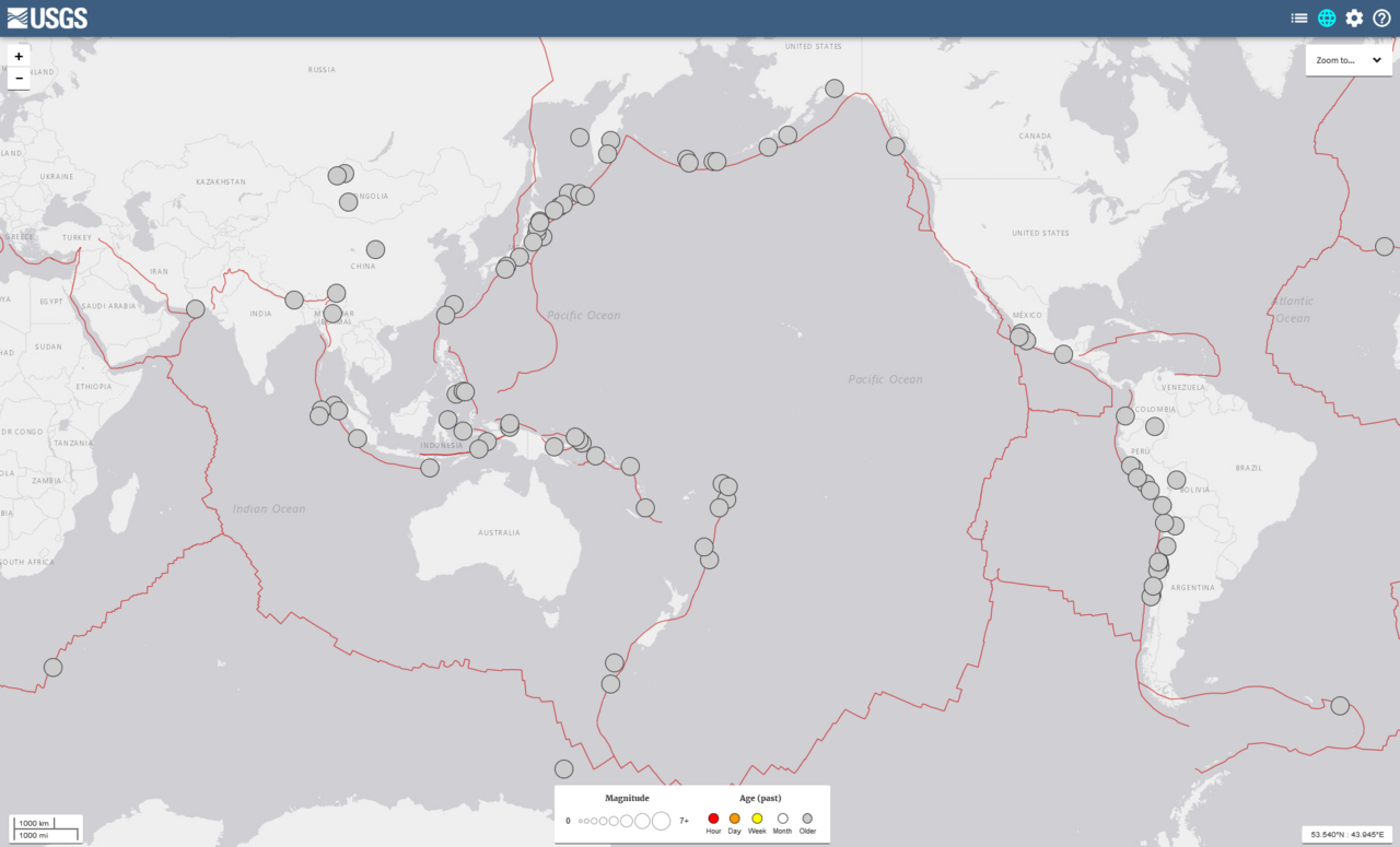 แผนที่ USGS แสดงตำแหน่งแผ่นดินไหวขนาด M8 ขึ้นไปทั่วโลกตั้งแต่ปี 1900