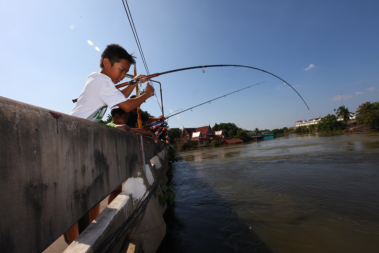 เด็กชายตกปลาในน้ำท่วมที่จังหวัดลพบุรี ปี 2554